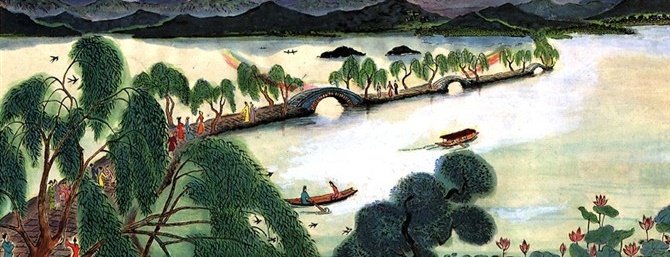 堤上游人逐画船，拍堤春水四垂天。绿杨楼外出秋千。全词意思及赏析