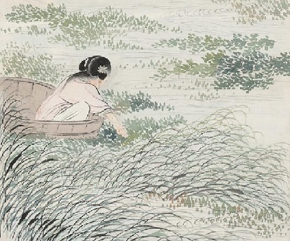 双鬟短袖惭人见，背立船头自采菱。全诗意思及赏析